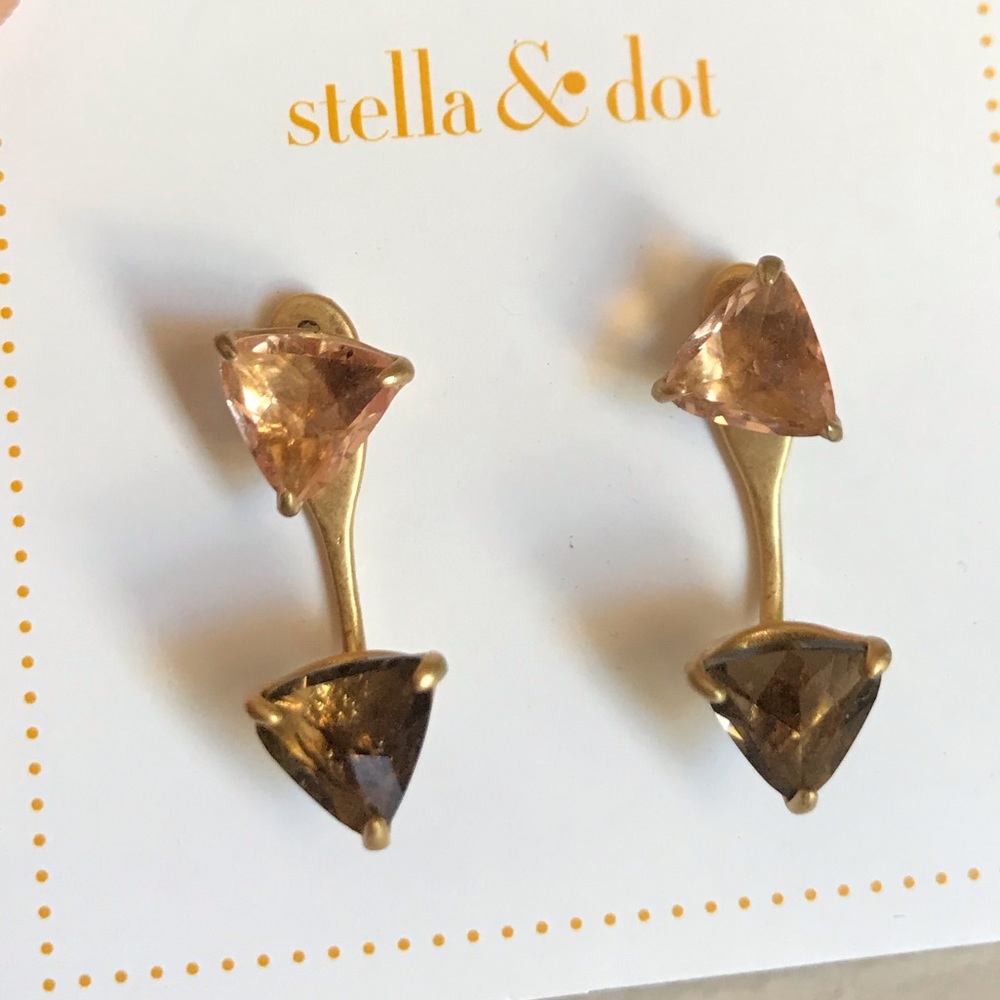 Stella & Dot Gold Earrings with Pink and Brown Triangular Stones